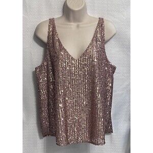 Loft Sequin Double V Camisole Tank Top Womens LP Bling Rose Gold Blush Pink